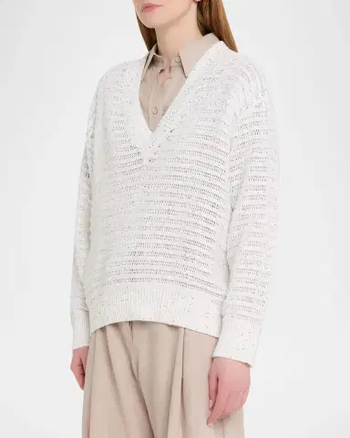 Brunello Cucinelli Linen-Blend Sequin V-Neck Sweater | Thumbnail 4 Brunello Cucinelli Linen-Blend Sequin V-Neck Sweater | Thumbnail 4