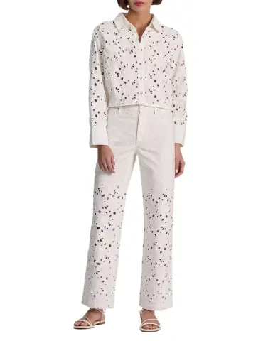 Alice + Olivia Finely Laser-Cut Denim Cropped Shirt | Thumbnail 1 Alice + Olivia Finely Laser-Cut Denim Cropped Shirt | Thumbnail 1