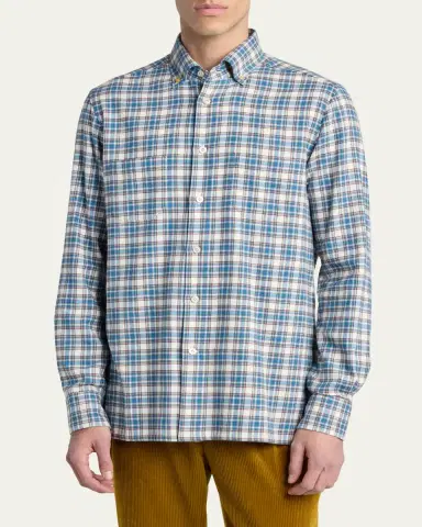 Kiton Men's Double-Pocket Cotton Plaid Button-Down Shirt | Thumbnail 4 Kiton Men's Double-Pocket Cotton Plaid Button-Down Shirt | Thumbnail 4