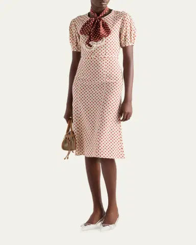 Prada Polka-Dot Silk Puff-Sleeve Midi Dress | Thumbnail 2 Prada Polka-Dot Silk Puff-Sleeve Midi Dress | Thumbnail 2