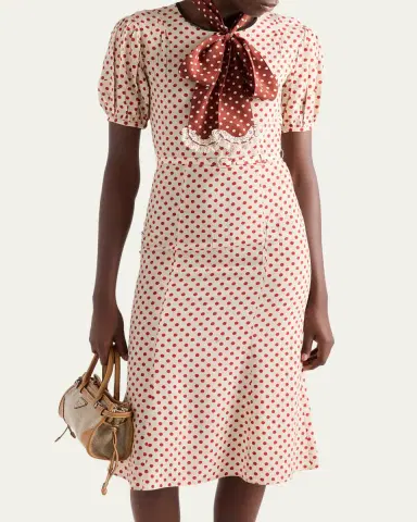 Prada Polka-Dot Silk Puff-Sleeve Midi Dress | Thumbnail 4 Prada Polka-Dot Silk Puff-Sleeve Midi Dress | Thumbnail 4