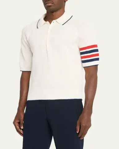 Thom Browne Men's Linen and Cotton Knit 4-Bar Sleeve Polo Shirt | Thumbnail 4 Thom Browne Men's Linen and Cotton Knit 4-Bar Sleeve Polo Shirt | Thumbnail 4
