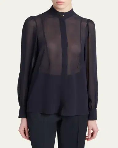 McQueen Wishbone-Button Silk Chiffon Button-Down Blouse | Thumbnail 4 McQueen Wishbone-Button Silk Chiffon Button-Down Blouse | Thumbnail 4