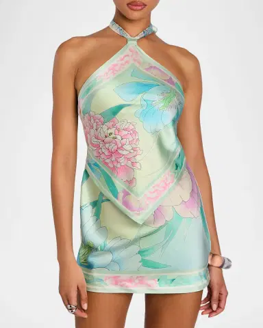 Retrofête Adelaide Floral Silk Knotted Halter Overlay Mini Dress | Thumbnail 3 Retrofête Adelaide Floral Silk Knotted Halter Overlay Mini Dress | Thumbnail 3