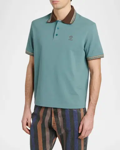 Versace Men's Greca-Trim Cotton Pique Medusa Polo Shirt | Thumbnail 3 Versace Men's Greca-Trim Cotton Pique Medusa Polo Shirt | Thumbnail 3