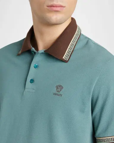 Versace Men's Greca-Trim Cotton Pique Medusa Polo Shirt | Thumbnail 4 Versace Men's Greca-Trim Cotton Pique Medusa Polo Shirt | Thumbnail 4
