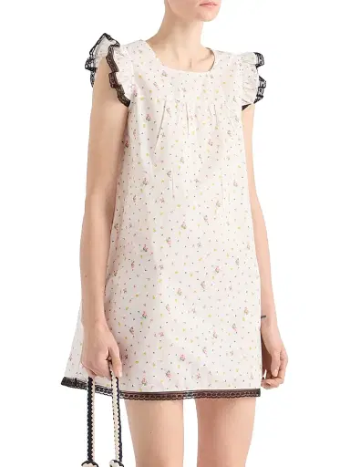 Prada Women's Floral Print Cotton Batiste Mini-Dress - White | Thumbnail 2 Prada Women's Floral Print Cotton Batiste Mini-Dress - White | Thumbnail 2