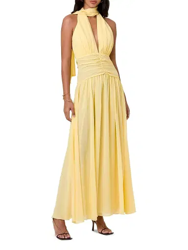 NICHOLAS Women's Arella Pleated Scarf-Detail Georgette Maxi Dress - Lemon | Thumbnail 3 NICHOLAS Women's Arella Pleated Scarf-Detail Georgette Maxi Dress - Lemon | Thumbnail 3