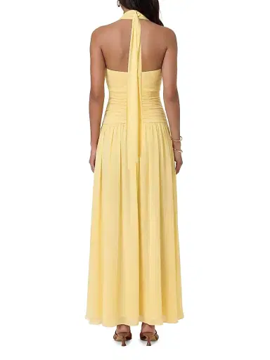 NICHOLAS Women's Arella Pleated Scarf-Detail Georgette Maxi Dress - Lemon | Thumbnail 4 NICHOLAS Women's Arella Pleated Scarf-Detail Georgette Maxi Dress - Lemon | Thumbnail 4