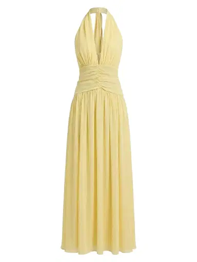 NICHOLAS Women's Arella Pleated Scarf-Detail Georgette Maxi Dress - Lemon | Thumbnail 1 NICHOLAS Women's Arella Pleated Scarf-Detail Georgette Maxi Dress - Lemon | Thumbnail 1