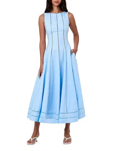NICHOLAS Women's Lark Linen Lattice-Trim Midi-Dress - Sky | Thumbnail 2 NICHOLAS Women's Lark Linen Lattice-Trim Midi-Dress - Sky | Thumbnail 2