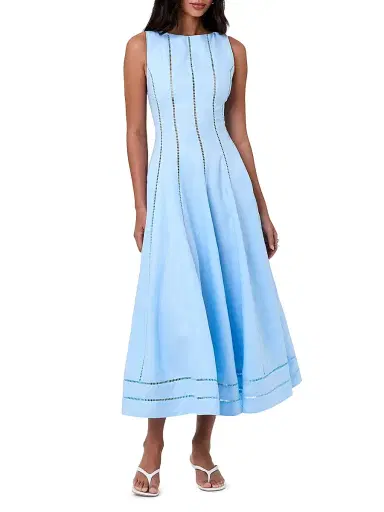 NICHOLAS Women's Lark Linen Lattice-Trim Midi-Dress - Sky | Thumbnail 3 NICHOLAS Women's Lark Linen Lattice-Trim Midi-Dress - Sky | Thumbnail 3