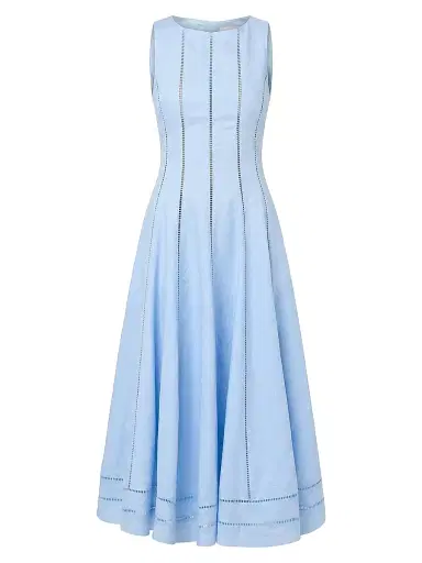 NICHOLAS Women's Lark Linen Lattice-Trim Midi-Dress - Sky | Thumbnail 1 NICHOLAS Women's Lark Linen Lattice-Trim Midi-Dress - Sky | Thumbnail 1