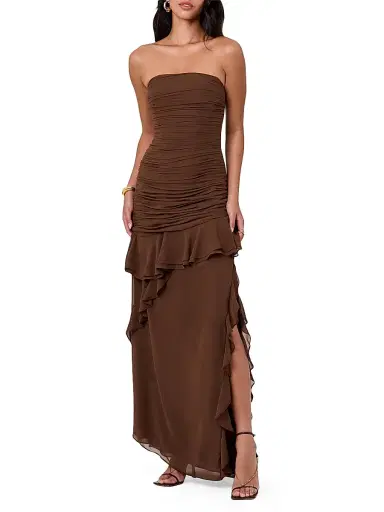 NICHOLAS Women's Viola Ruched Ruffle Strapless Maxi Dress - Mocha | Thumbnail 3 NICHOLAS Women's Viola Ruched Ruffle Strapless Maxi Dress - Mocha | Thumbnail 3