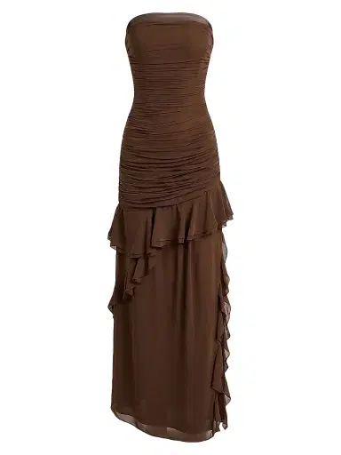 NICHOLAS Women's Viola Ruched Ruffle Strapless Maxi Dress - Mocha | Thumbnail 1 NICHOLAS Women's Viola Ruched Ruffle Strapless Maxi Dress - Mocha | Thumbnail 1