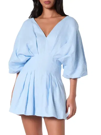 NICHOLAS Women's Nicoline Linen Pleated Minidress - Sky | Thumbnail 3 NICHOLAS Women's Nicoline Linen Pleated Minidress - Sky | Thumbnail 3