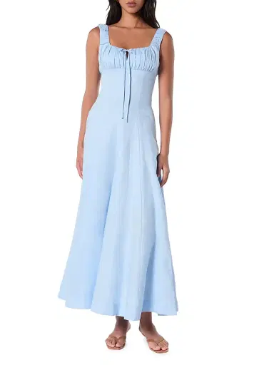 NICHOLAS Women's Dina Ruched Linen Midi-Dress - Sky | Thumbnail 3 NICHOLAS Women's Dina Ruched Linen Midi-Dress - Sky | Thumbnail 3