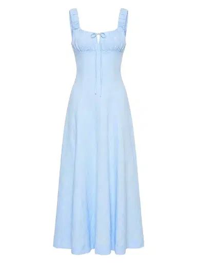 NICHOLAS Women's Dina Ruched Linen Midi-Dress - Sky | Thumbnail 1 NICHOLAS Women's Dina Ruched Linen Midi-Dress - Sky | Thumbnail 1