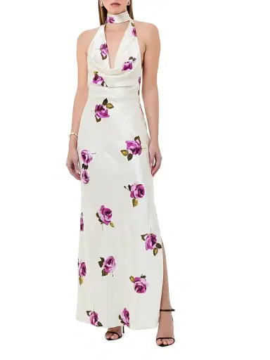 NICHOLAS Women's Lyria Rose-Print Halter Satin Gown - Floating Rosebuds | Thumbnail 2 NICHOLAS Women's Lyria Rose-Print Halter Satin Gown - Floating Rosebuds | Thumbnail 2