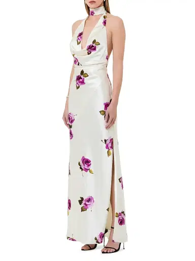 NICHOLAS Women's Lyria Rose-Print Halter Satin Gown - Floating Rosebuds | Thumbnail 3 NICHOLAS Women's Lyria Rose-Print Halter Satin Gown - Floating Rosebuds | Thumbnail 3