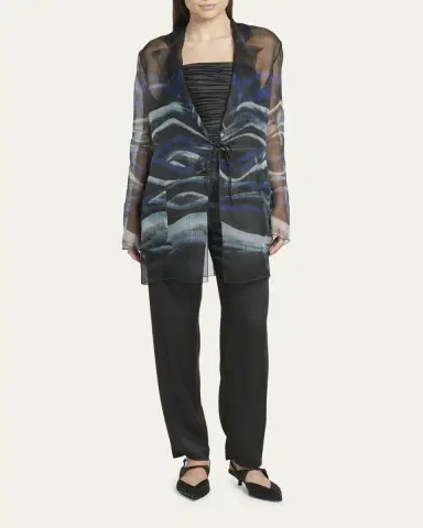 Giorgio Armani Night Water Print Self-Tie Silk Blouse Jacket | Thumbnail 2 Giorgio Armani Night Water Print Self-Tie Silk Blouse Jacket | Thumbnail 2