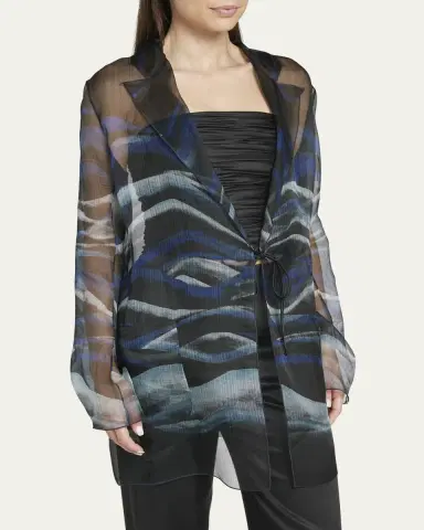 Giorgio Armani Night Water Print Self-Tie Silk Blouse Jacket | Thumbnail 4 Giorgio Armani Night Water Print Self-Tie Silk Blouse Jacket | Thumbnail 4