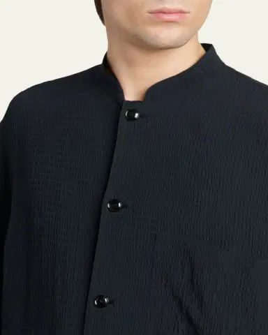 Giorgio Armani Men's Seersucker Band-Collar Guru Shirt | Thumbnail 5 Giorgio Armani Men's Seersucker Band-Collar Guru Shirt | Thumbnail 5