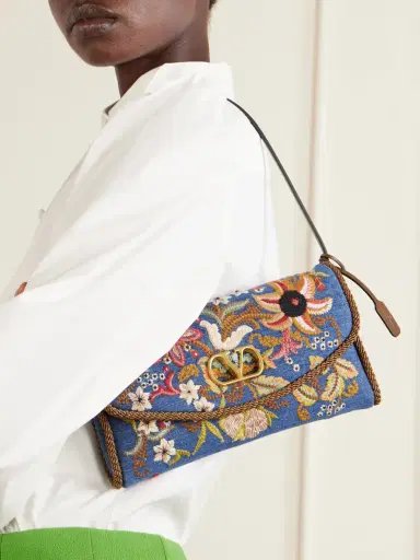 Valentino Garavani Devain Small Leather-trimmed Embroidered Denim Shoulder Bag | Thumbnail 2 Valentino Garavani Devain Small Leather-trimmed Embroidered Denim Shoulder Bag | Thumbnail 2
