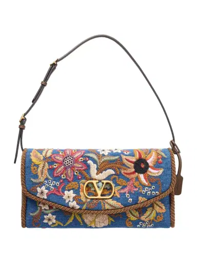 Valentino Garavani Devain Small Leather-trimmed Embroidered Denim Shoulder Bag | Thumbnail 1 Valentino Garavani Devain Small Leather-trimmed Embroidered Denim Shoulder Bag | Thumbnail 1