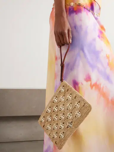 Rabanne Leather-trimmed Chainmail-embellished Raffia Pouch | Thumbnail 2 Rabanne Leather-trimmed Chainmail-embellished Raffia Pouch | Thumbnail 2