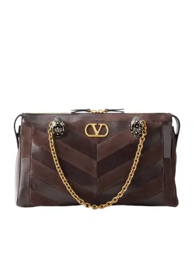 Valentino Garavani Panthea Medium Embellished Patchwork Leather And Suede Shoulder Bag | Thumbnail 1 Valentino Garavani Panthea Medium Embellished Patchwork Leather And Suede Shoulder Bag | Thumbnail 1