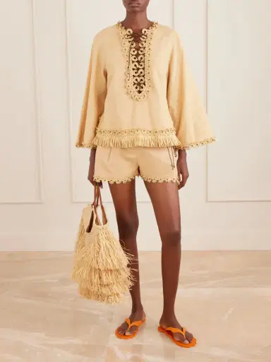 Zimmermann Mahon Flower Pleated Leather And Raffia-trimmed Cotton Shorts | Thumbnail 2 Zimmermann Mahon Flower Pleated Leather And Raffia-trimmed Cotton Shorts | Thumbnail 2