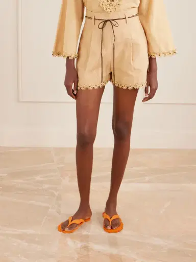 Zimmermann Mahon Flower Pleated Leather And Raffia-trimmed Cotton Shorts | Thumbnail 3 Zimmermann Mahon Flower Pleated Leather And Raffia-trimmed Cotton Shorts | Thumbnail 3