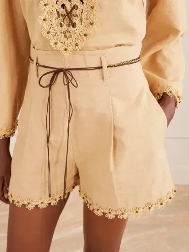 Zimmermann Mahon Flower Pleated Leather And Raffia-trimmed Cotton Shorts | Thumbnail 5 Zimmermann Mahon Flower Pleated Leather And Raffia-trimmed Cotton Shorts | Thumbnail 5