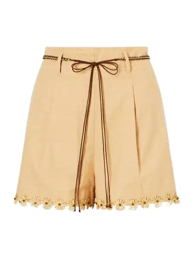 Zimmermann Mahon Flower Pleated Leather And Raffia-trimmed Cotton Shorts | Thumbnail 1 Zimmermann Mahon Flower Pleated Leather And Raffia-trimmed Cotton Shorts | Thumbnail 1