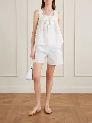 Loretta Caponi Suvereto Bow-embellished Lace-trimmed Broderie Anglaise Cotton Top | Thumbnail 2 Loretta Caponi Suvereto Bow-embellished Lace-trimmed Broderie Anglaise Cotton Top | Thumbnail 2