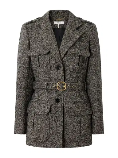 Chloé Belted Herringbone Wool-blend Jacket | Thumbnail 1 Chloé Belted Herringbone Wool-blend Jacket | Thumbnail 1