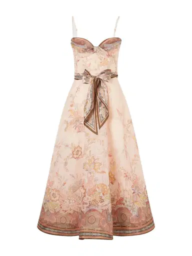 Zimmermann Printed Tie-detailed Linen And Silk-blend Midi Dress | Thumbnail 1 Zimmermann Printed Tie-detailed Linen And Silk-blend Midi Dress | Thumbnail 1
