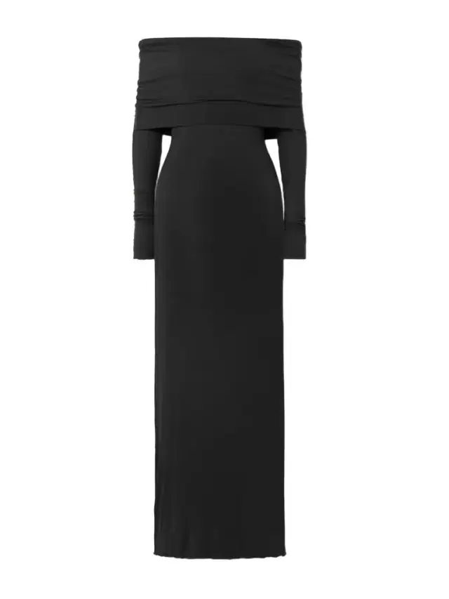 Sheer Modal-blend Off-the-shoulder Long Dress - Onyx Sheer Modal-blend Off-the-shoulder Long Dress - Onyx