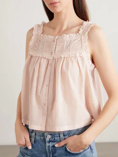 DÔEN Fidella Cropped Lace-trimmed Organic Cotton-voile Top | Thumbnail 3 DÔEN Fidella Cropped Lace-trimmed Organic Cotton-voile Top | Thumbnail 3