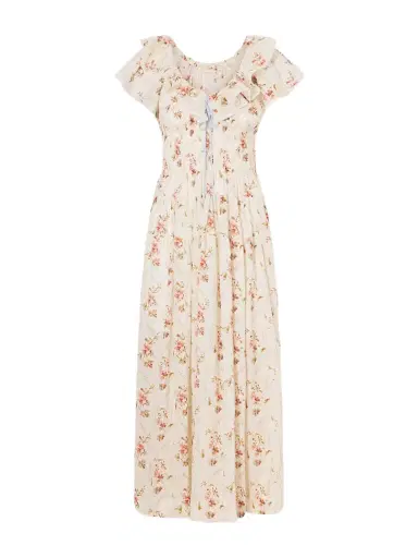 DÔEN Illiana Lace-trimmed Shirred Floral-print Organic Cotton Dress | Thumbnail 1 DÔEN Illiana Lace-trimmed Shirred Floral-print Organic Cotton Dress | Thumbnail 1