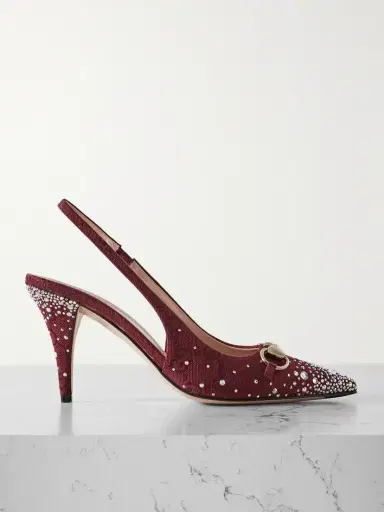 Gucci Erin Crystal-embellished Horsebit-detailed Canvas-jacquard Slingback Pumps | Thumbnail 1 Gucci Erin Crystal-embellished Horsebit-detailed Canvas-jacquard Slingback Pumps | Thumbnail 1