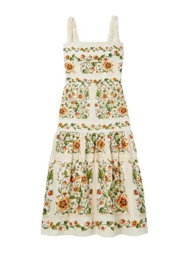 Agua by Agua Bendita Nispero Tiered Embroidered Printed Linen Midi Dress | Thumbnail 1 Agua by Agua Bendita Nispero Tiered Embroidered Printed Linen Midi Dress | Thumbnail 1