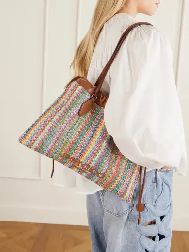 Jimmy Choo Leather-trimmed Striped Raffia Tote Bag | Thumbnail 2 Jimmy Choo Leather-trimmed Striped Raffia Tote Bag | Thumbnail 2