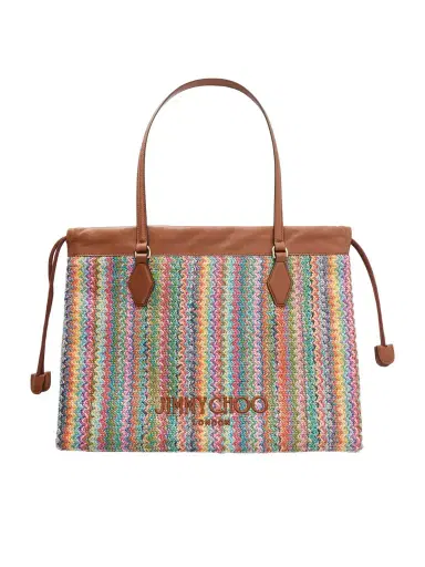Jimmy Choo Leather-trimmed Striped Raffia Tote Bag | Thumbnail 1 Jimmy Choo Leather-trimmed Striped Raffia Tote Bag | Thumbnail 1