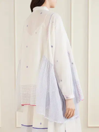 Eka Cosmos Handwoven Cotton-jamdani Blouse Patched With Printed Stripes | Thumbnail 4 Eka Cosmos Handwoven Cotton-jamdani Blouse Patched With Printed Stripes | Thumbnail 4