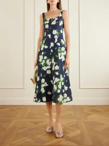 Carolina Herrera Floral-print Faille Midi Dress - Navy | Thumbnail 2 Carolina Herrera Floral-print Faille Midi Dress - Navy | Thumbnail 2