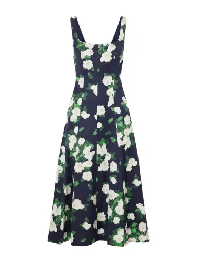 Carolina Herrera Floral-print Faille Midi Dress - Navy | Thumbnail 1 Carolina Herrera Floral-print Faille Midi Dress - Navy | Thumbnail 1