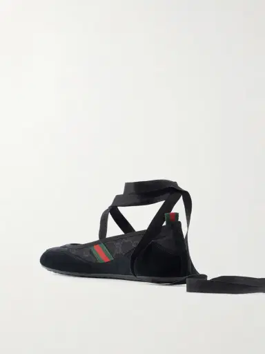 Gucci Embellished Webbing-trimmed Canvas And Suede Ballet Flats | Thumbnail 3 Gucci Embellished Webbing-trimmed Canvas And Suede Ballet Flats | Thumbnail 3