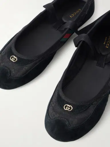 Gucci Embellished Webbing-trimmed Canvas And Suede Ballet Flats | Thumbnail 5 Gucci Embellished Webbing-trimmed Canvas And Suede Ballet Flats | Thumbnail 5